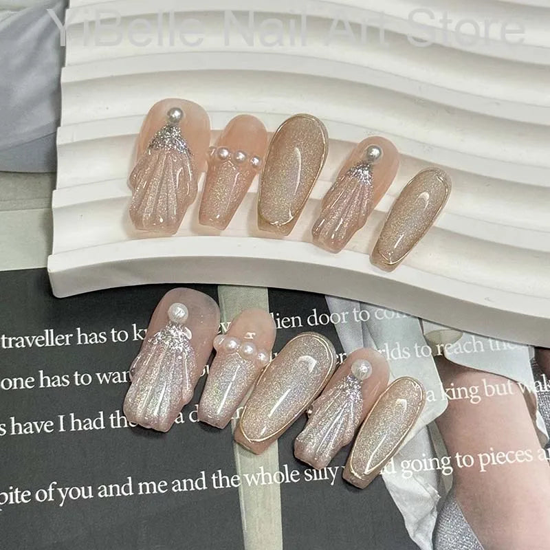 Sea Shells Handmade Press on Nails Ballerina Professional Wearable Reusable False Nail Tip Nail Art With Shiny Pearl - V.I.P Digital Presence