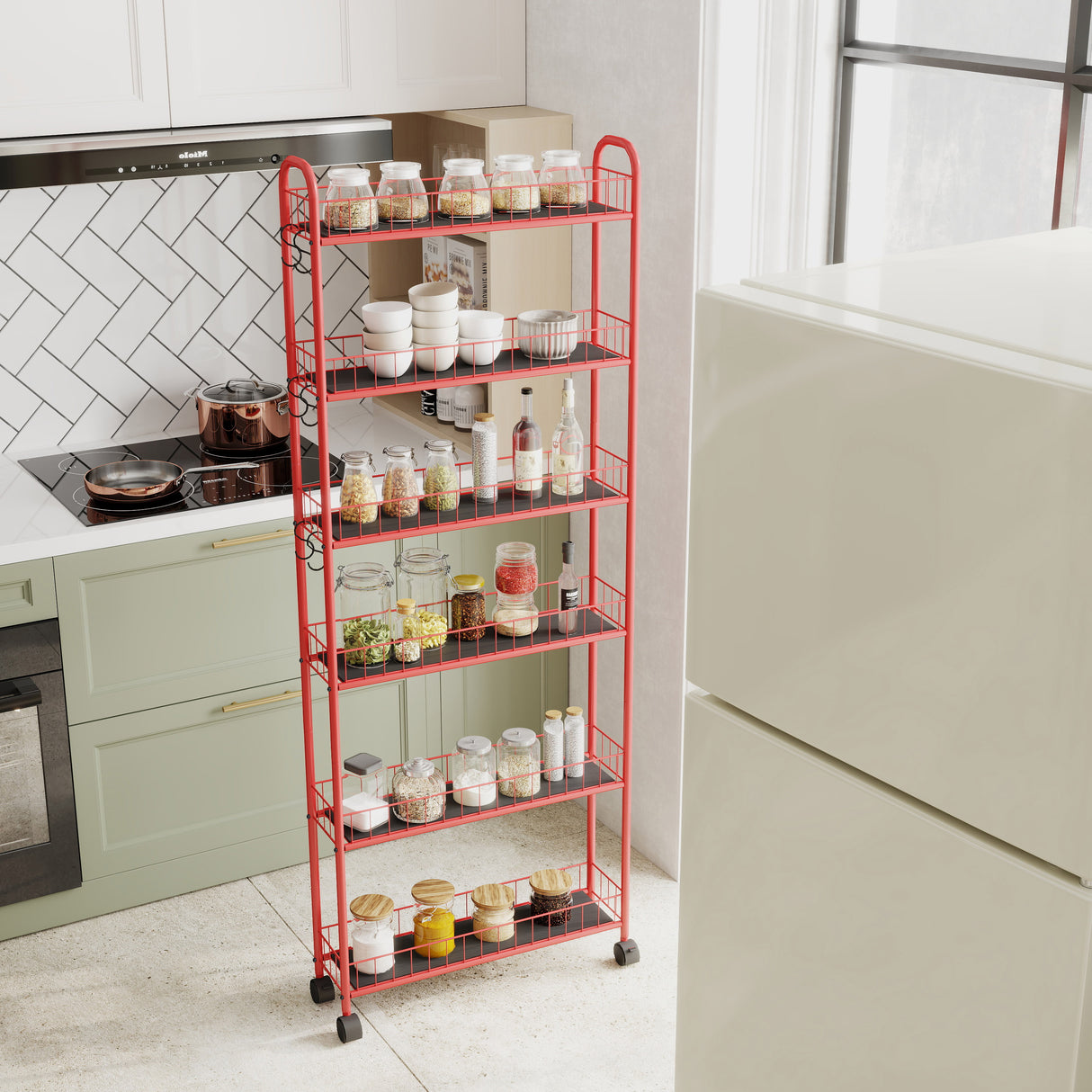 Red 6-story rolling cart gap kitchen ultra-thin sliding out storage tower shelf with wheels, 6 baskets - V.I.P Digital Presence