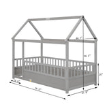 Twin Size Floor Wooden Bed with House Roof Frame Fence Guardrails Grey - V.I.P Digital Presence