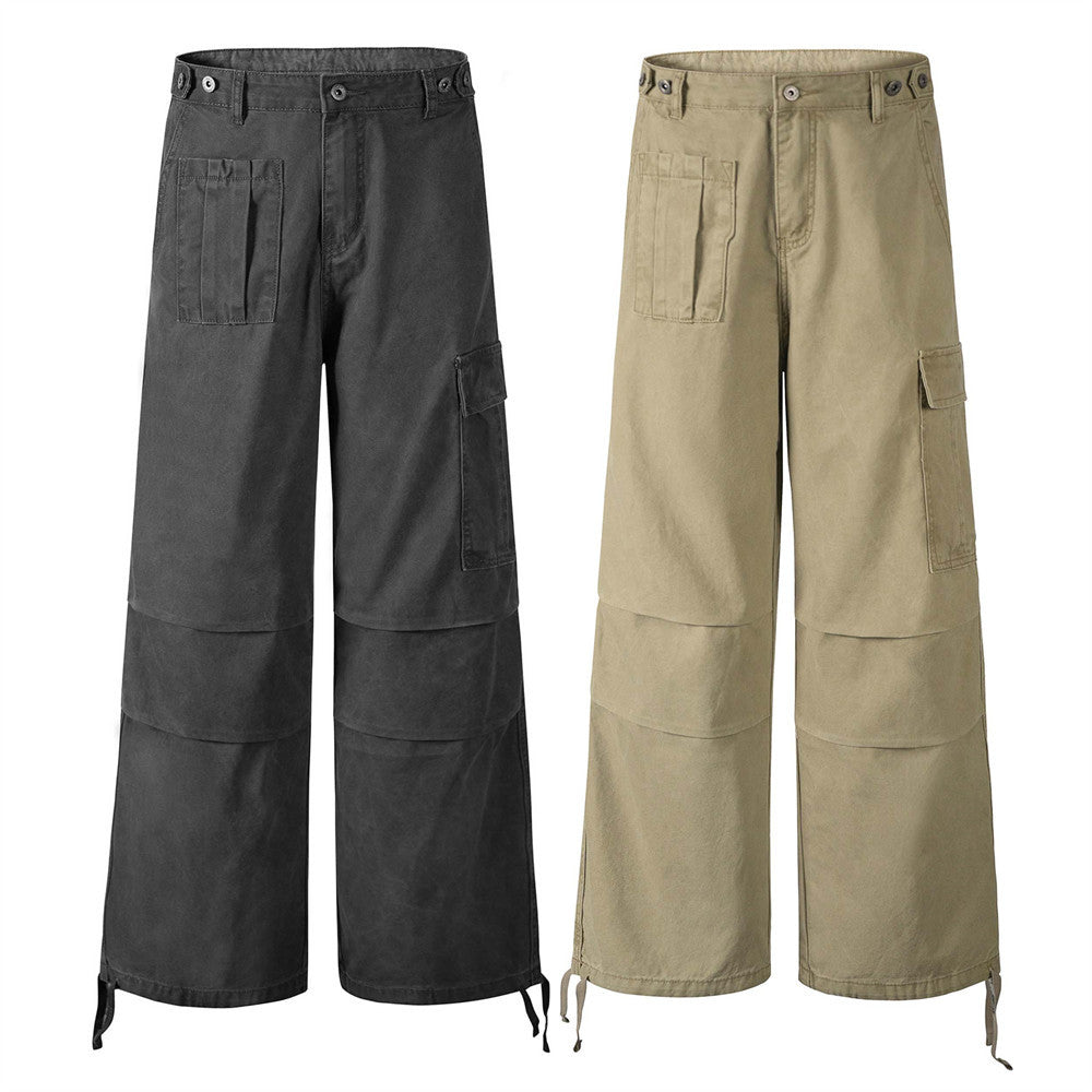 Workwear Straight Leg Long Pants Men's Vibe American Style Pleated Design Irregular Pocket Drawstring Loose Casual Trousers - V.I.P Digital Presence