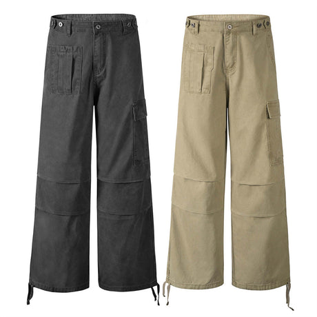 Workwear Straight Leg Long Pants Men's Vibe American Style Pleated Design Irregular Pocket Drawstring Loose Casual Trousers - V.I.P Digital Presence