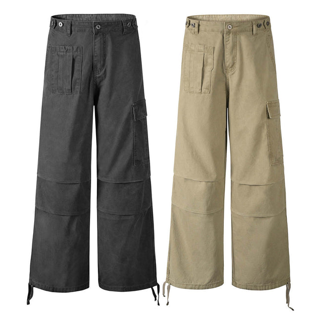 Workwear Straight Leg Long Pants Men's Vibe American Style Pleated Design Irregular Pocket Drawstring Loose Casual Trousers - V.I.P Digital Presence