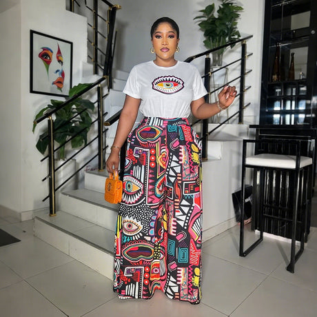Printed Two-Piece Set Round Neck Short Sleeve Top Loose Comfortable Long Pants Wide Leg Pants Women's Clothing - V.I.P Digital Presence