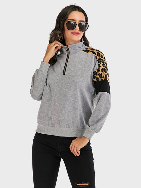 Contrast Leopard Half Zip Long Sleeve Sweatshirt - V.I.P Digital Presence