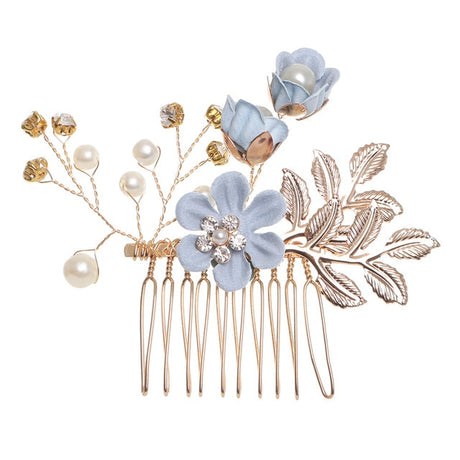 Luxury Blue Flower Hair Combs Headdress Prom Bridal Wedding Hair Accessories Gold Leaves Hair Jewelry Hair Pins - V.I.P Digital Presence