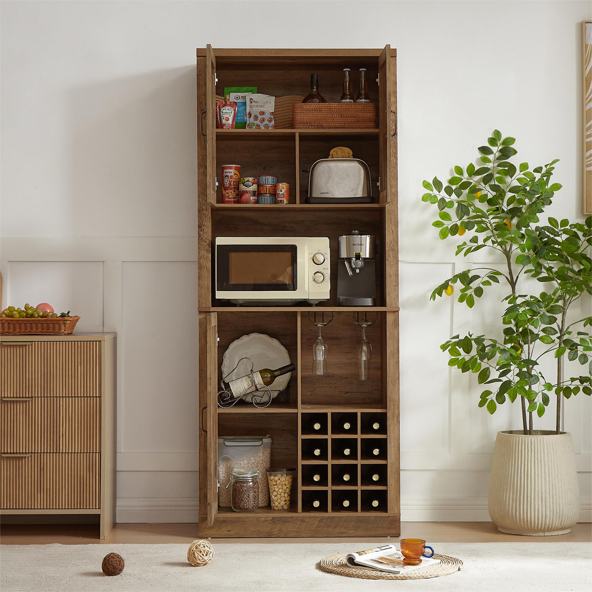 76-Inch Tall Rustic Oak Color Farmhouse Kitchen Faux Rattan Wine Cabinet, Kitchen Bar Cabinet with Square Compartments - V.I.P Digital Presence