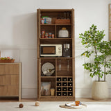 76-Inch Tall Rustic Oak Color Farmhouse Kitchen Faux Rattan Wine Cabinet, Kitchen Bar Cabinet with Square Compartments - V.I.P Digital Presence