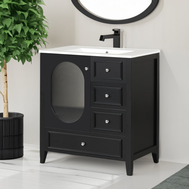 30" Bathroom Vanity with Sink, Bathroom Vanity Cabinet with Three Drawers and Door, Solid Wood and MDF, Black - V.I.P Digital Presence
