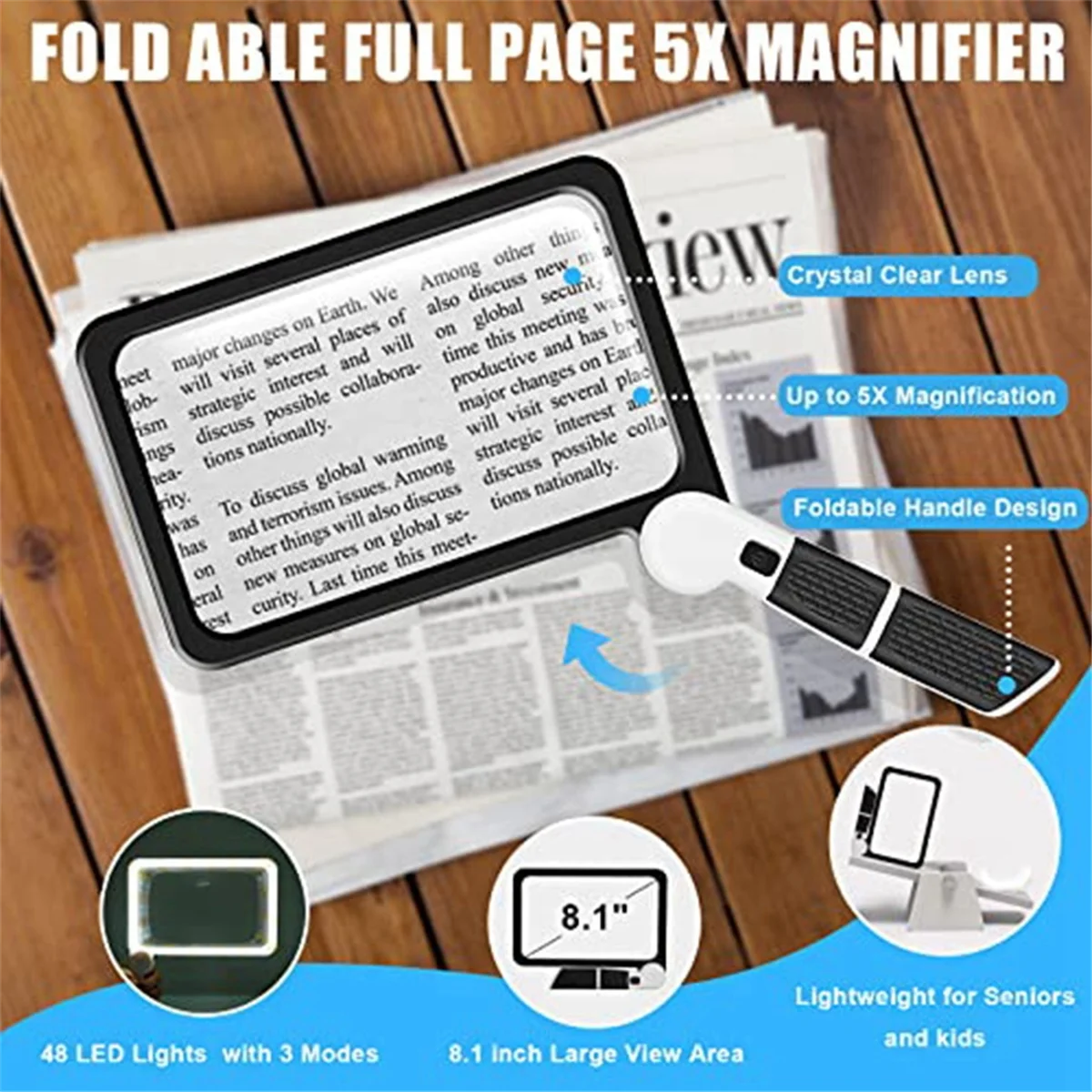 Full-Page 5X Magnifying Glass for Reading, Folding Lighted Magnifier with 48 LED Lights, Rectangular Handhold Magnifier - V.I.P Digital Presence