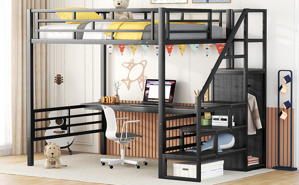 Full Size Metal Loft Bed with Desk, Storage Staircase and Small Wardrobe, Storage stairs can be installed left and right,Black - V.I.P Digital Presence