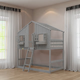 Twin over Twin House Bunk Bed with Roof , Window, Window Box, Door , with Safety Guardrails and Ladder, Grey - V.I.P Digital Presence