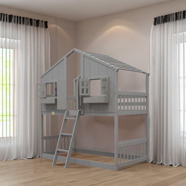 Twin over Twin House Bunk Bed with Roof , Window, Window Box, Door , with Safety Guardrails and Ladder, Grey - V.I.P Digital Presence