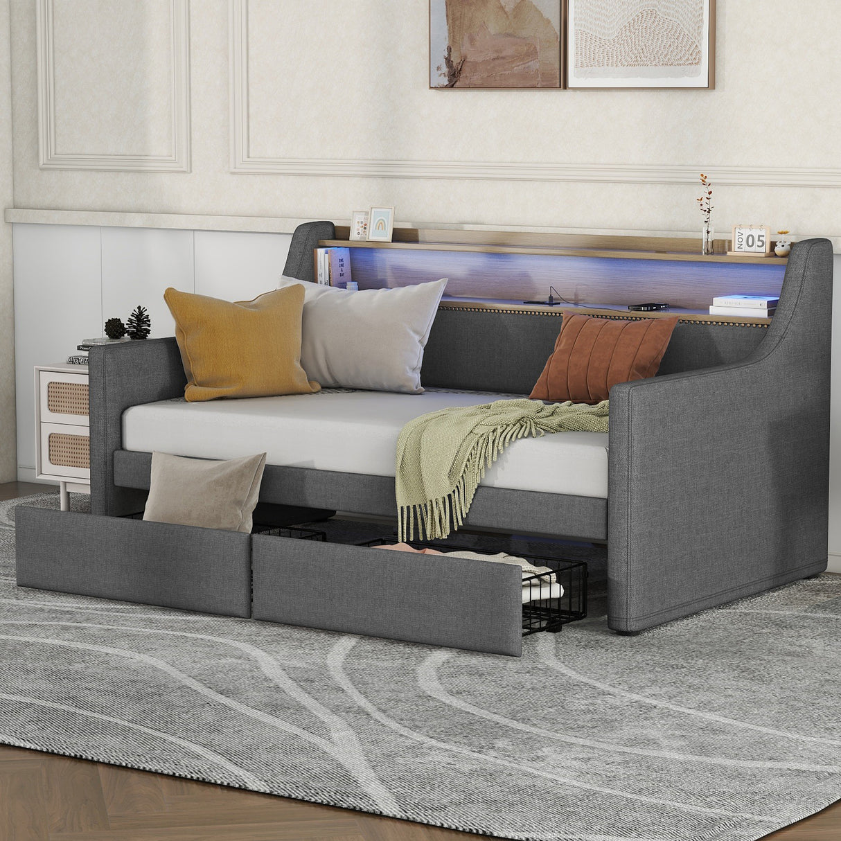 Twin Size Daybed with Storage Drawers, Upholstered Daybed with Charging Station and LED Lights, Gray - V.I.P Digital Presence