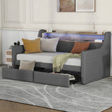 Twin Size Daybed with Storage Drawers, Upholstered Daybed with Charging Station and LED Lights, Gray - V.I.P Digital Presence
