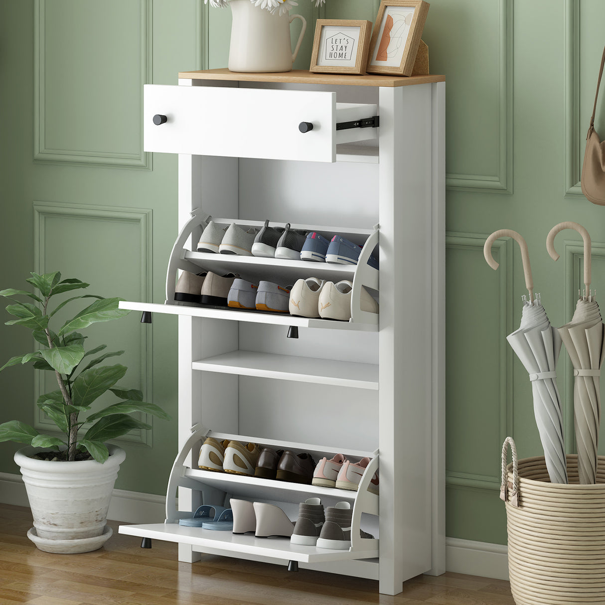 ONTREND with 2 flip drawers, top shoe cabinet with drawers, independent shoe rack with adjustable panel, white - V.I.P Digital Presence