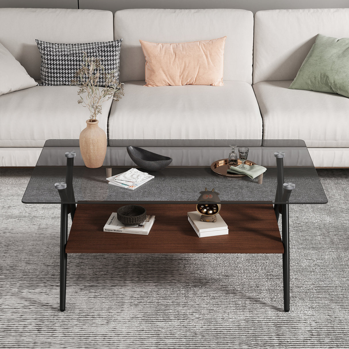 Rectangle Coffee Table with Tempered Glass top and Brown MDF Shelf, Modern Table for Living Room, Gray Glass - V.I.P Digital Presence