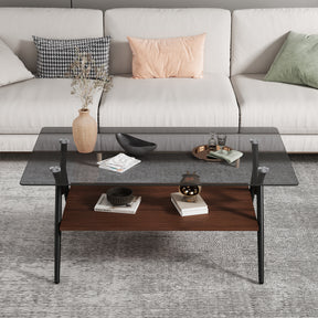 Rectangle Coffee Table with Tempered Glass top and Brown MDF Shelf, Modern Table for Living Room, Gray Glass - V.I.P Digital Presence