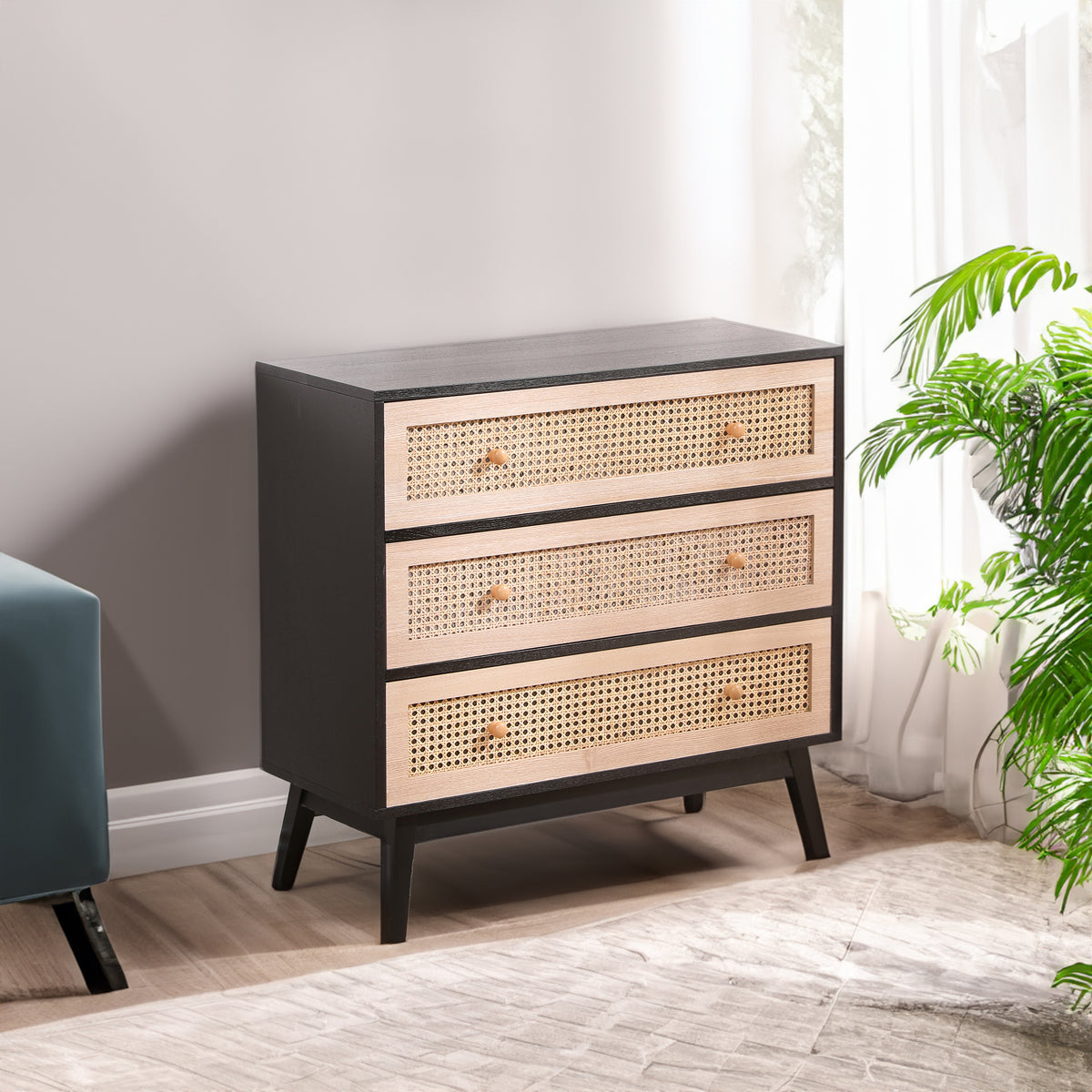 31.5 "3-Drawers Rattan Storage Cabinet Rattan Drawer,for Bedroom,Living Room,Natural drawer and black panel - V.I.P Digital Presence