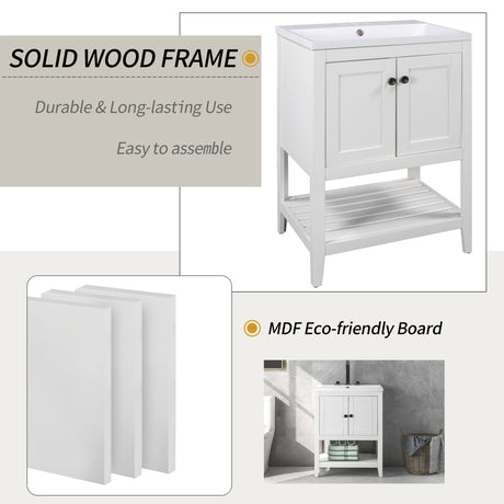 24" White Modern Sleek Bathroom Vanity Elegant Ceramic Sink with Solid Wood Frame Open Style Shelf - V.I.P Digital Presence