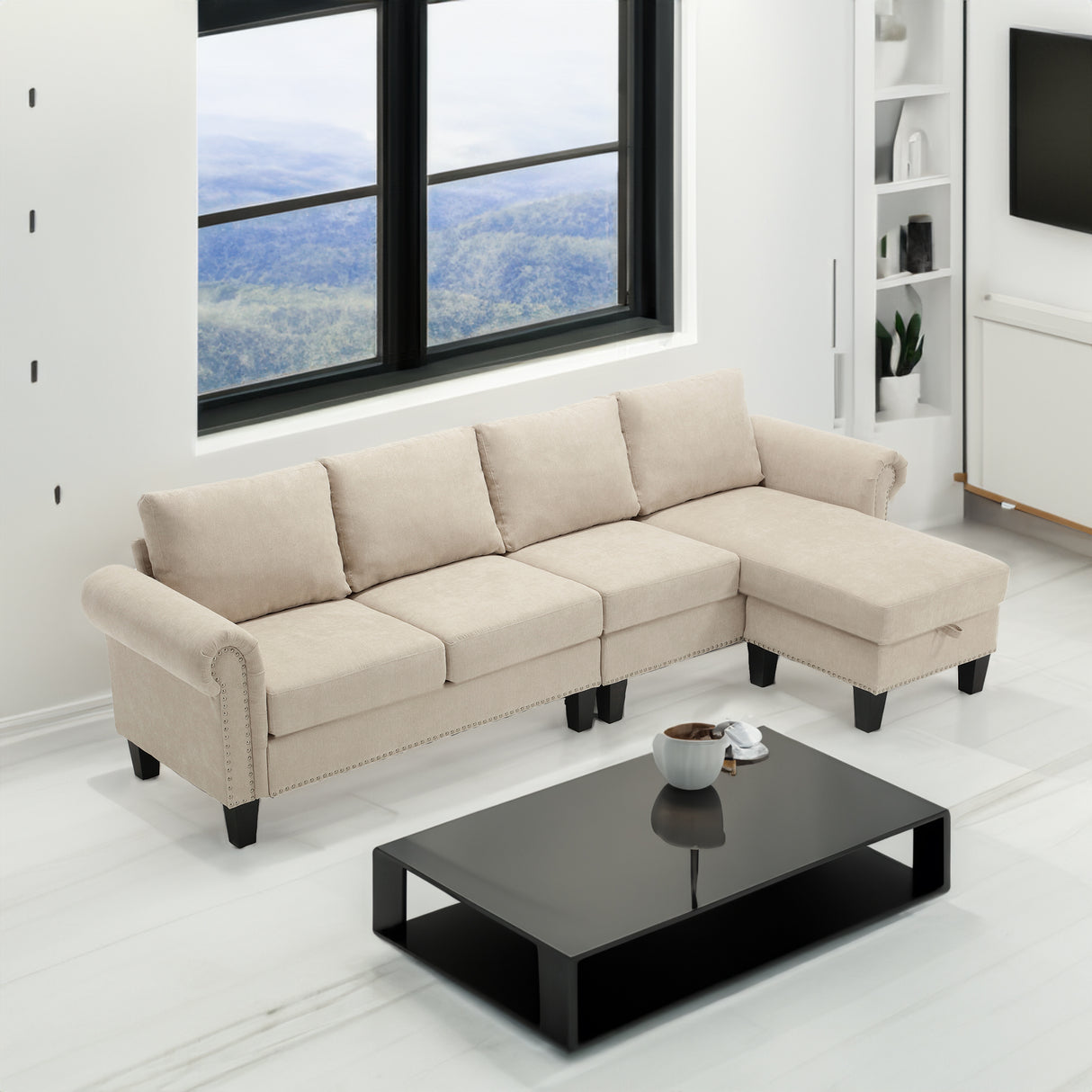 Convertible Sectional Sofa with Storage,L-shaped sofa,Four-seater sofa,Modern Linen Fabric Sectional Couches Beige - V.I.P Digital Presence
