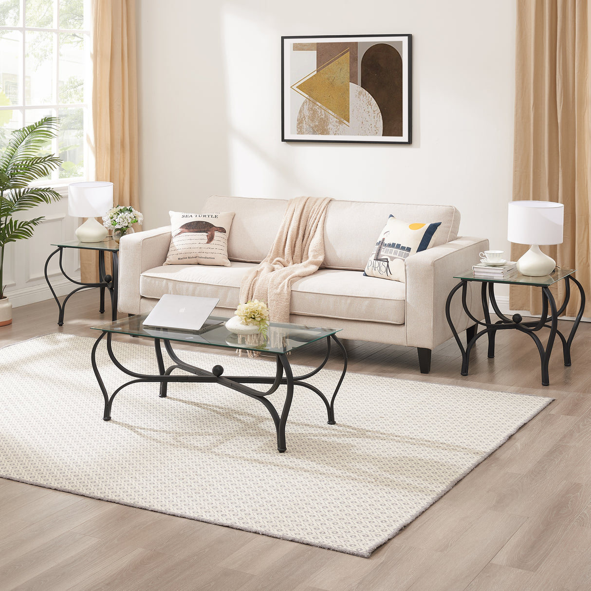Tempered glass surface 3-piece coffee table decoration rectangular coffee table with 2 square end tables (country black) - V.I.P Digital Presence