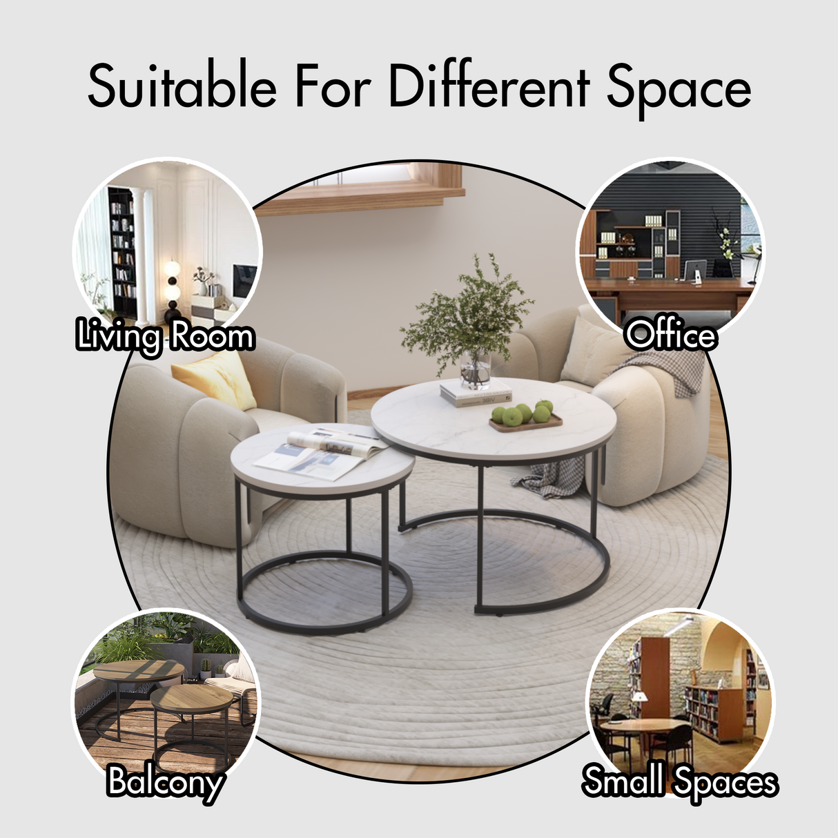 A set of nested 27.6-inch circular coffee tables with a wooden marble patterned tabletop and a sturdy metal frame (white) - V.I.P Digital Presence