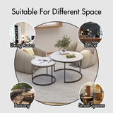 A set of nested 27.6-inch circular coffee tables with a wooden marble patterned tabletop and a sturdy metal frame (white) - V.I.P Digital Presence