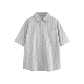 Patch striped casual loose silhouette short sleeved shirt for men - V.I.P Digital Presence