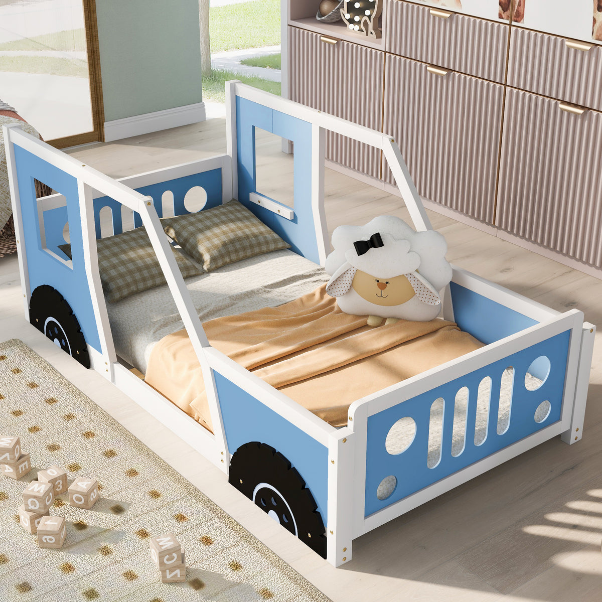 Twin Size Classic Car-Shaped Platform Bed with Wheels Blue - V.I.P Digital Presence