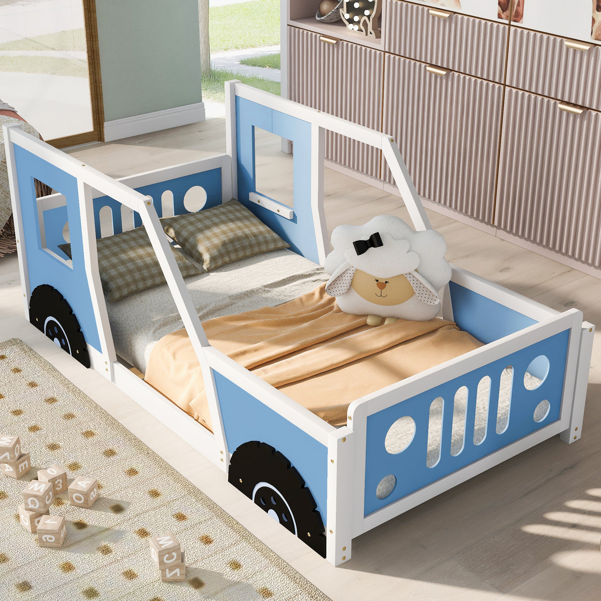 Twin Size Classic Car-Shaped Platform Bed with Wheels Blue - V.I.P Digital Presence