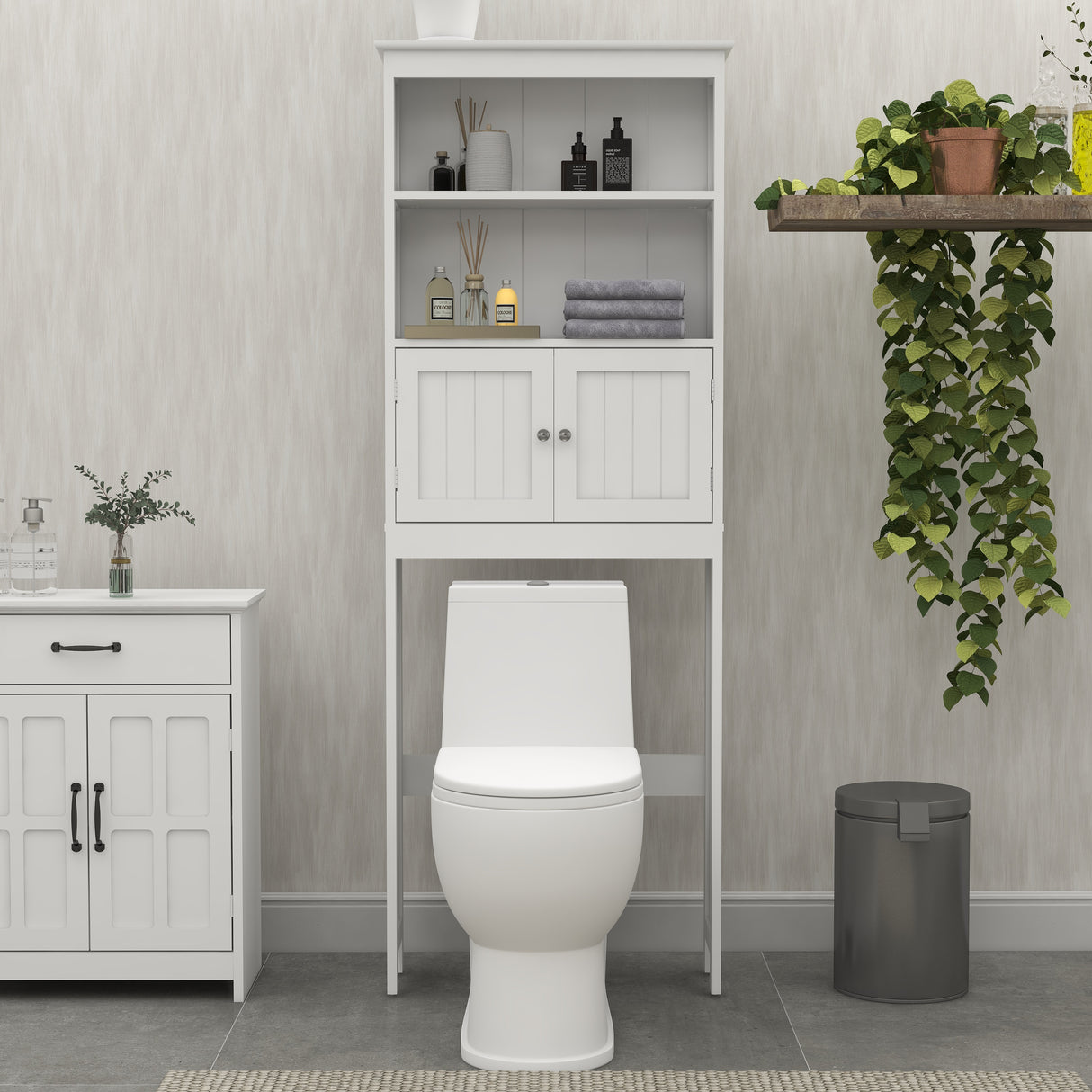 Over The Toilet Rack 2 -Tier Toilet Bathroom Spacesaver Storage Shelf with 2 Doors Wood Storage Organizer Cabinet - V.I.P Digital Presence