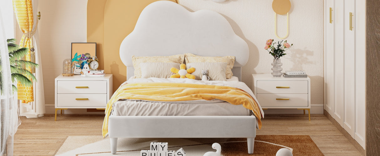 Twin Size Upholstered Cloud-Shape Bed ,Velvet Platform Bed with Headboard,No Box-spring Needed,Beige - V.I.P Digital Presence
