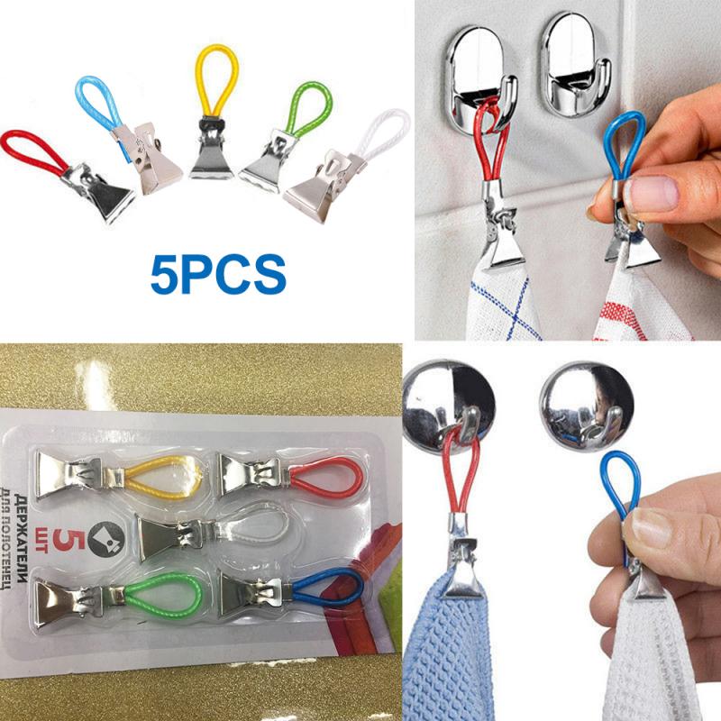 Pegs Household 5 Tea Towel Hanging Clips Clip On Hooks Loops Hand Towel Hangers Hanging Clothes Pegs Kitchen Bathroom Organizer - V.I.P Digital Presence