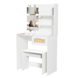 Vanity Desk Set Stool & Dressing Table with LED Lighting Mirror Drawer and Wood Cosmetic Table Chest of Drawers White Color - V.I.P Digital Presence