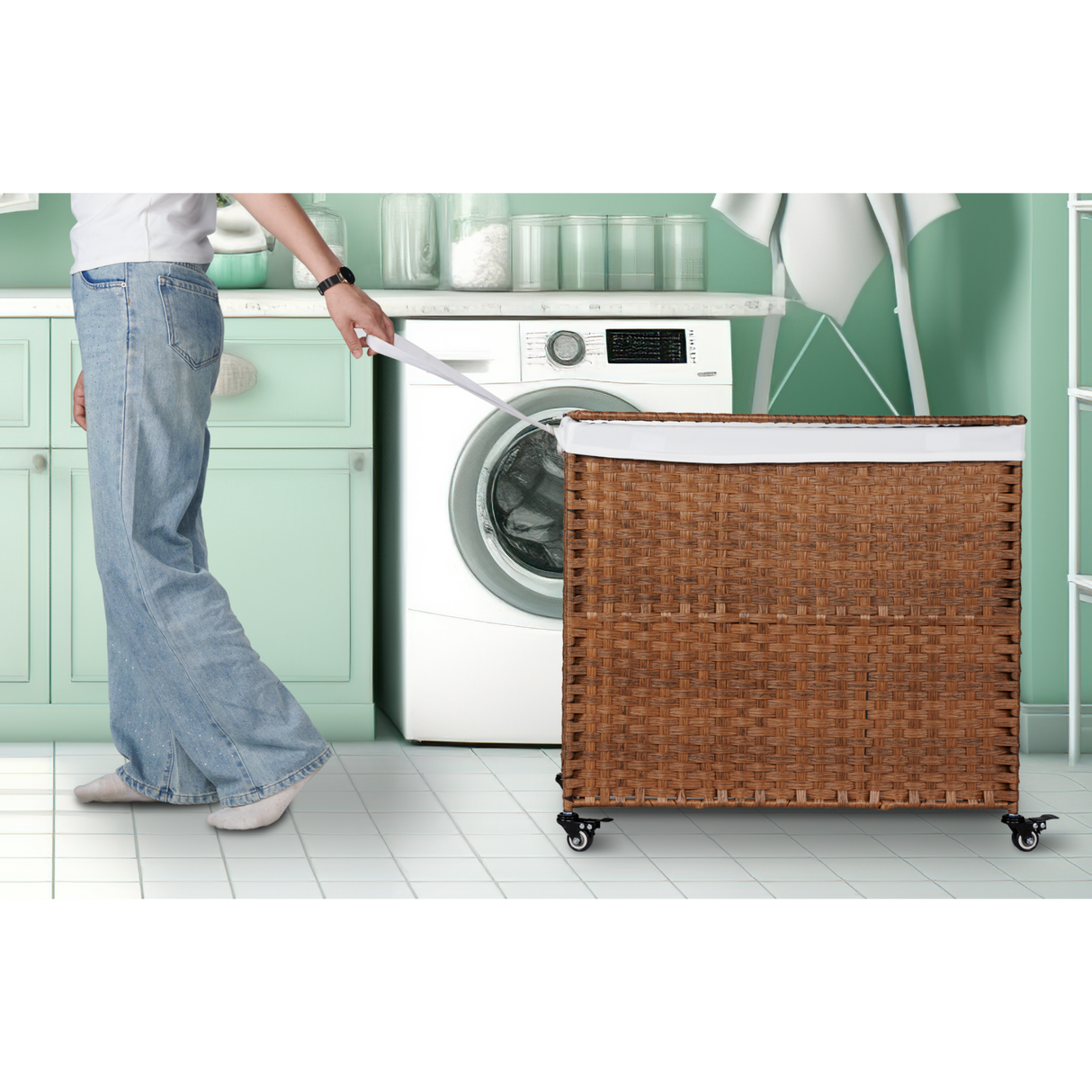 Laundry Hamper With Lid PE Rattan Powder Coating Frame Clothes Hampers with 02 Removable Bags, Wheels, 160L, Brown Color - V.I.P Digital Presence