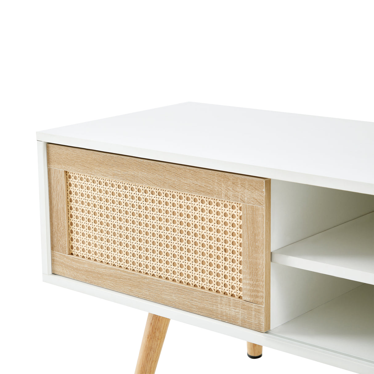 55.12" Rattan TV cabinet double sliding doors for storage adjustable shelf solid wood legs TV console for living room  White - V.I.P Digital Presence