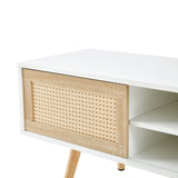 55.12" Rattan TV cabinet double sliding doors for storage adjustable shelf solid wood legs TV console for living room  White - V.I.P Digital Presence