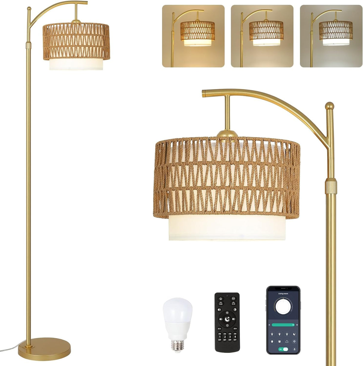 Gold Floor Lamps for Living Room with Remote & Dimmable LED Bulb, Modern Arc Floor Lamp with 3 Color Temperatures - V.I.P Digital Presence