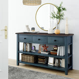 Retro Design Console Table with Two Open Shelves, Pine Solid Wood Frame and Legs for Living Room (Navy) - V.I.P Digital Presence