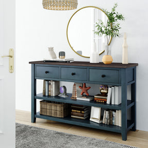 Retro Design Console Table with Two Open Shelves, Pine Solid Wood Frame and Legs for Living Room (Navy) - V.I.P Digital Presence