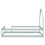 Twin Size Wood bed with House-shaped Headboard Floor bed with Fences,Light Green - V.I.P Digital Presence