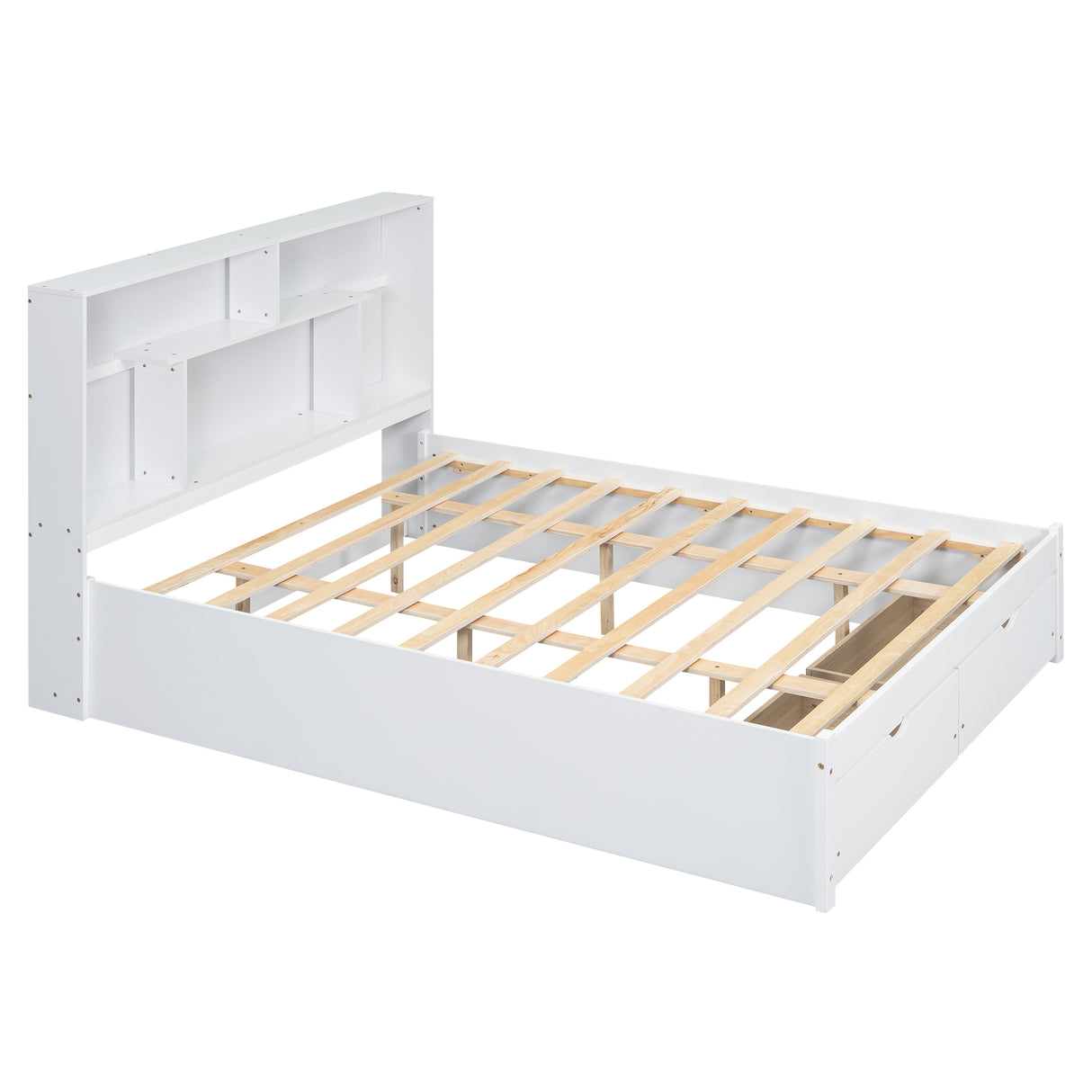 Queen Size Platform Bed with Storage Headboard and 2 Drawers, White - V.I.P Digital Presence