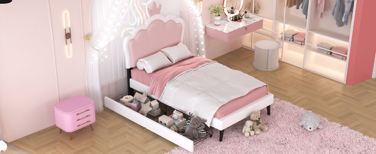 Twin cushion princess bed with crown headboard and 2 drawers with headboard and footrest, pink+white - V.I.P Digital Presence