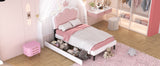 Twin cushion princess bed with crown headboard and 2 drawers with headboard and footrest, pink+white - V.I.P Digital Presence