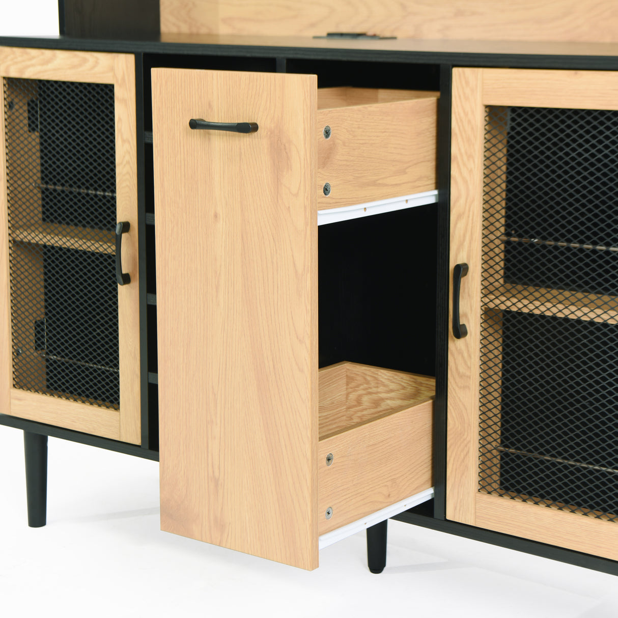 59 "H buffet side cabinet with storage door and power outlet, coffee bar cabinet with wine rack, black and natural colors - V.I.P Digital Presence