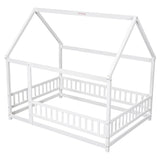 Full Size Floor Wooden Bed with House Roof Frame, Fence Guardrails ,White - V.I.P Digital Presence