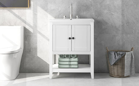 24" White Modern Sleek Bathroom Vanity Elegant Ceramic Sink with Solid Wood Frame Open Style Shelf - V.I.P Digital Presence