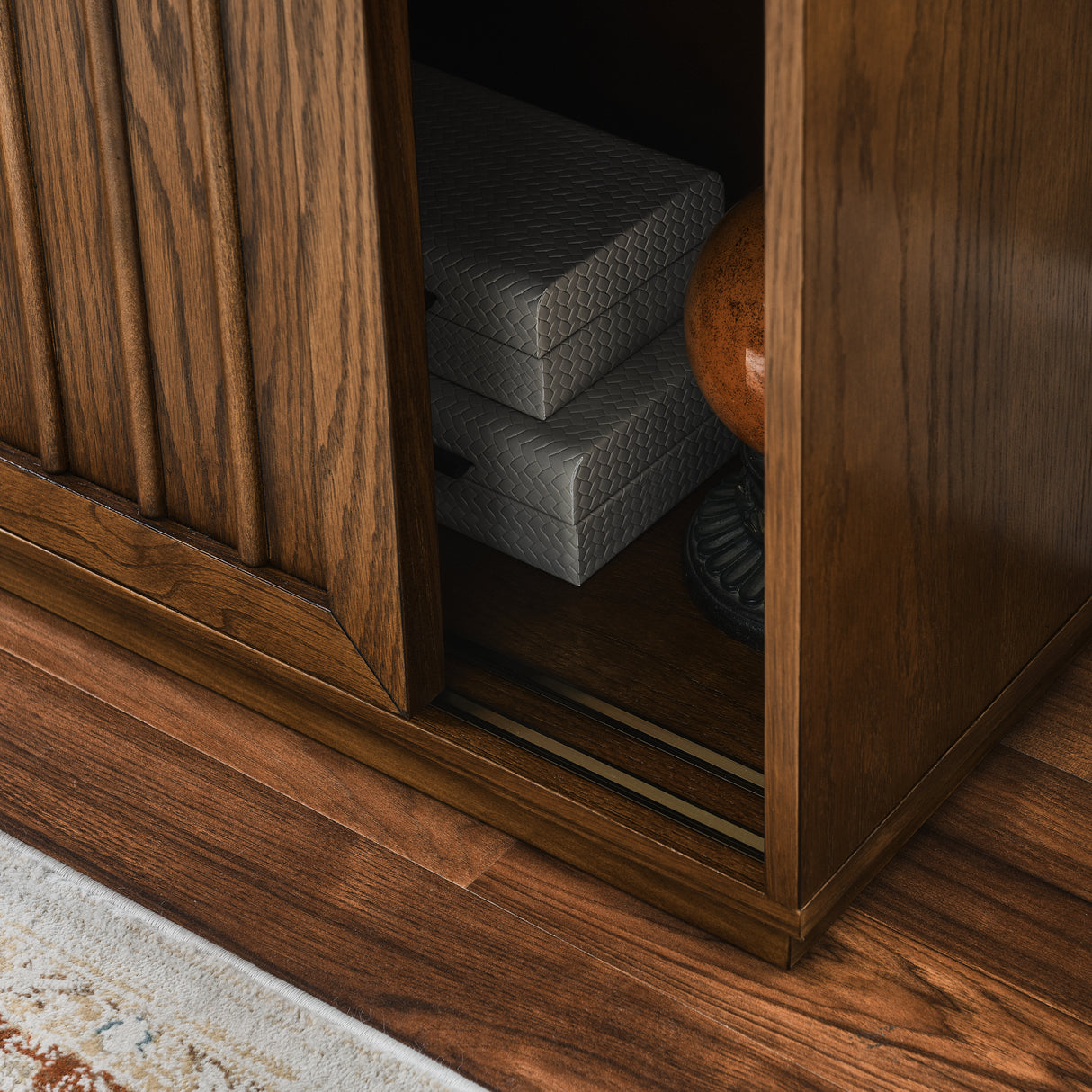 Medieval side panel with 2 sliding doors and solid wood decorative strips, storage cabinet - V.I.P Digital Presence
