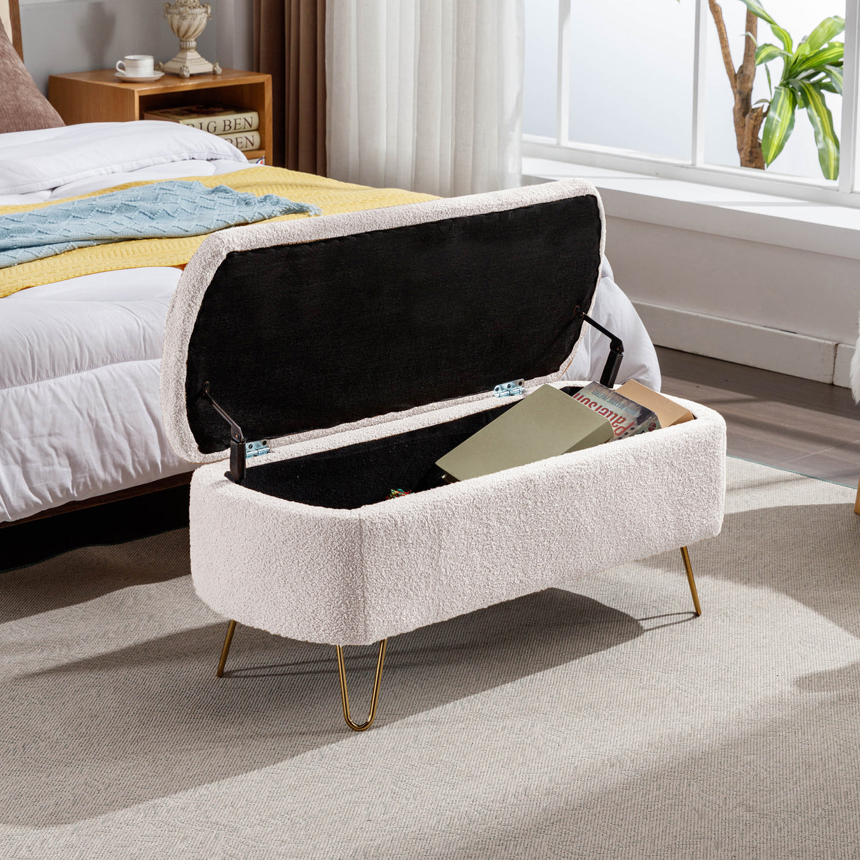 Ivory White Storage Ottoman Bench for End of Bed Gold Legs - V.I.P Digital Presence
