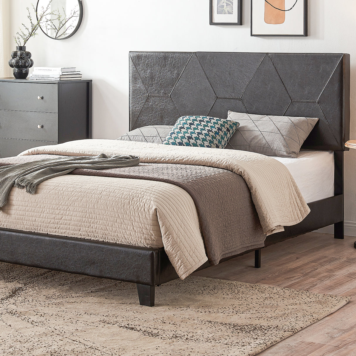 Queen Size Upholstered Platform Bed Frame Wood Slat Support Easy Assembly Black pu - V.I.P Digital Presence